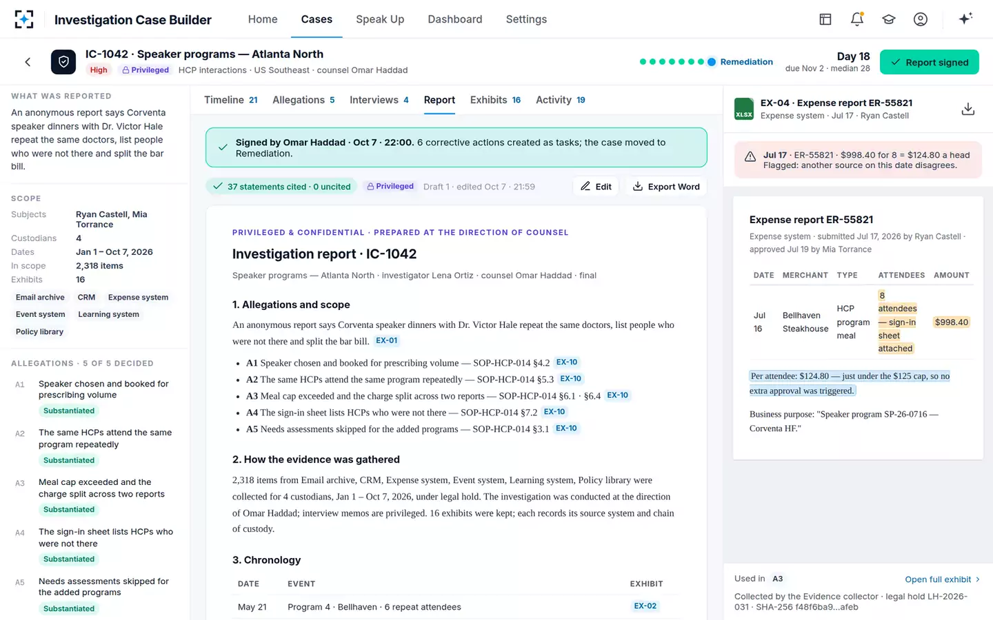 Investigation Case Builder — Signed by counsel