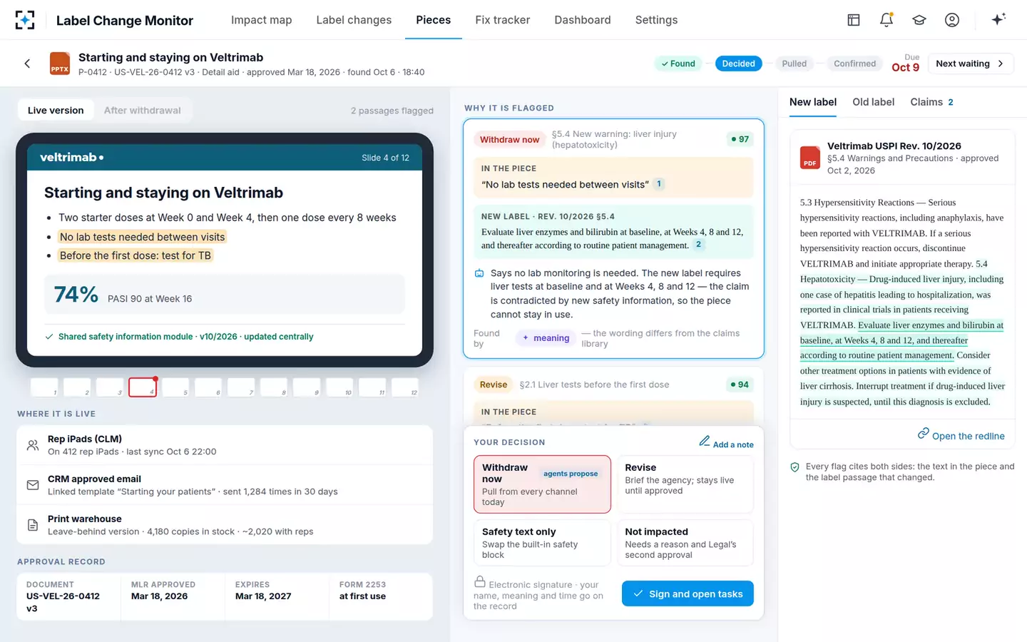 Label-Change Content Impact Monitor — One piece, flagged