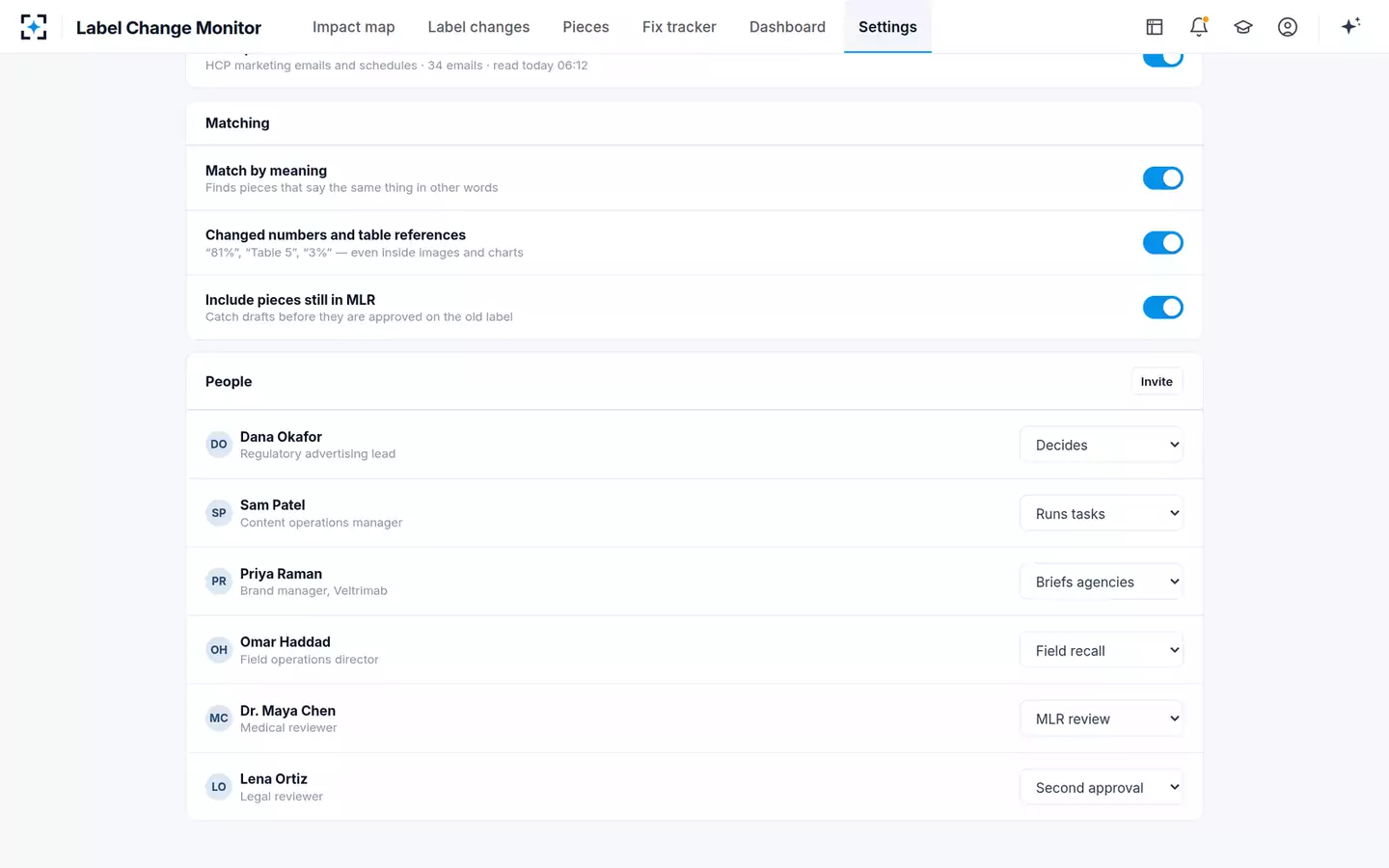 Label-Change Content Impact Monitor — Matching and people