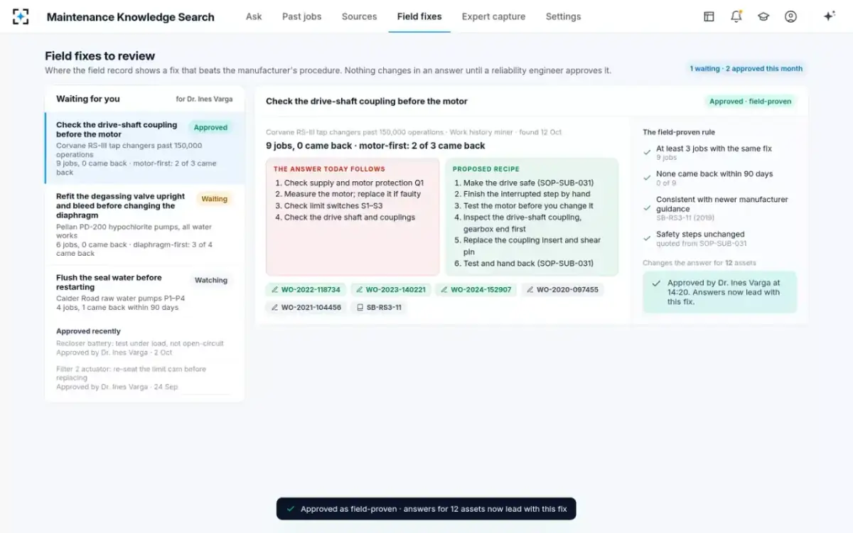 Maintenance Knowledge Search — Field fixes