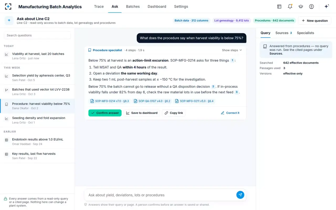 Manufacturing Batch Analytics — Ask: a cited procedure answer