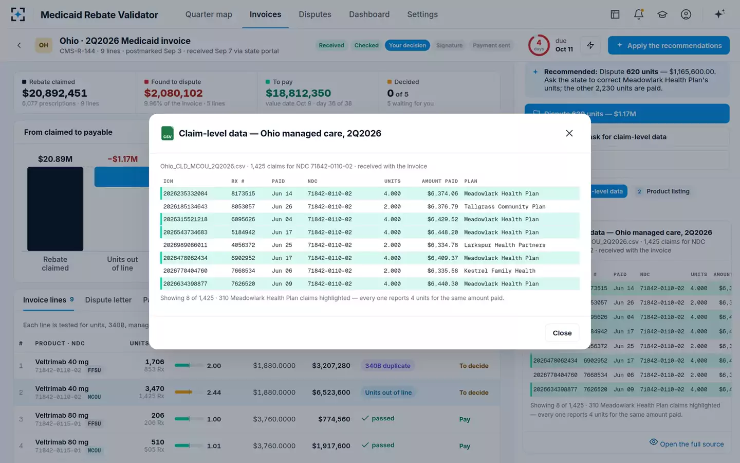 Medicaid Rebate Invoice Validator — Claim-level data
