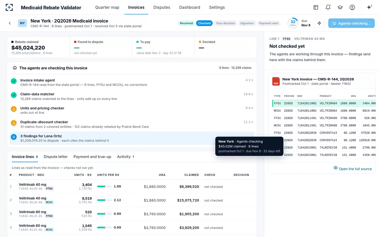 Medicaid Rebate Invoice Validator — Agents checking an invoice