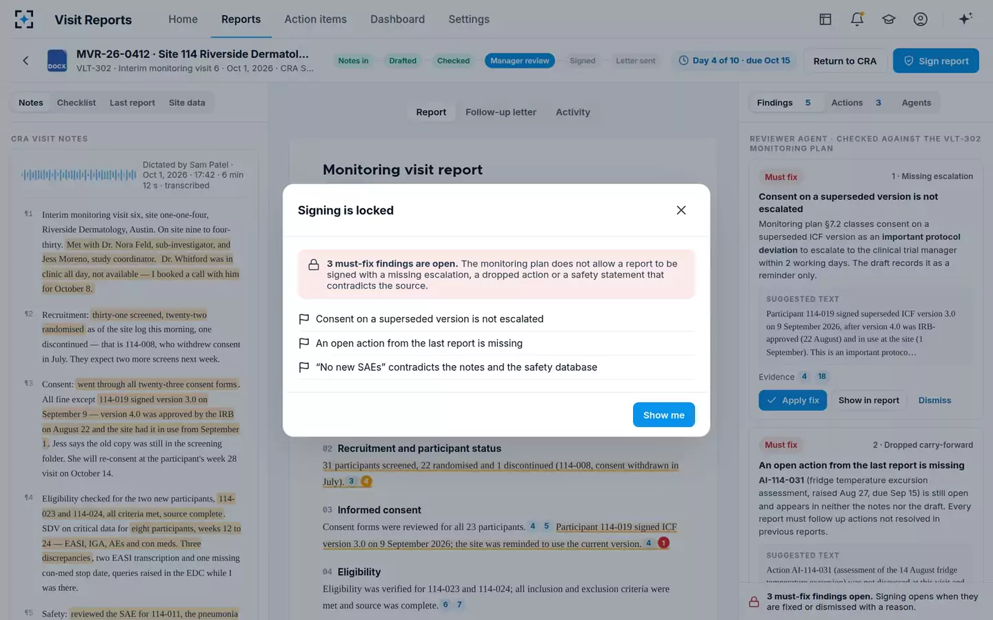 Monitoring Visit Report Writer & Reviewer — Signing locked