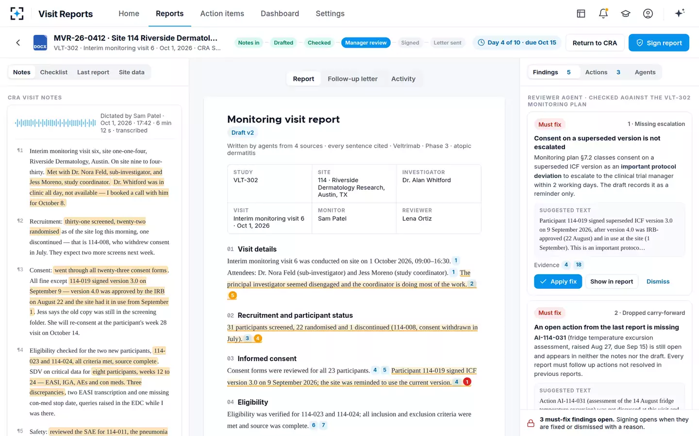 Monitoring Visit Report Writer & Reviewer — Notes and the draft, side by side