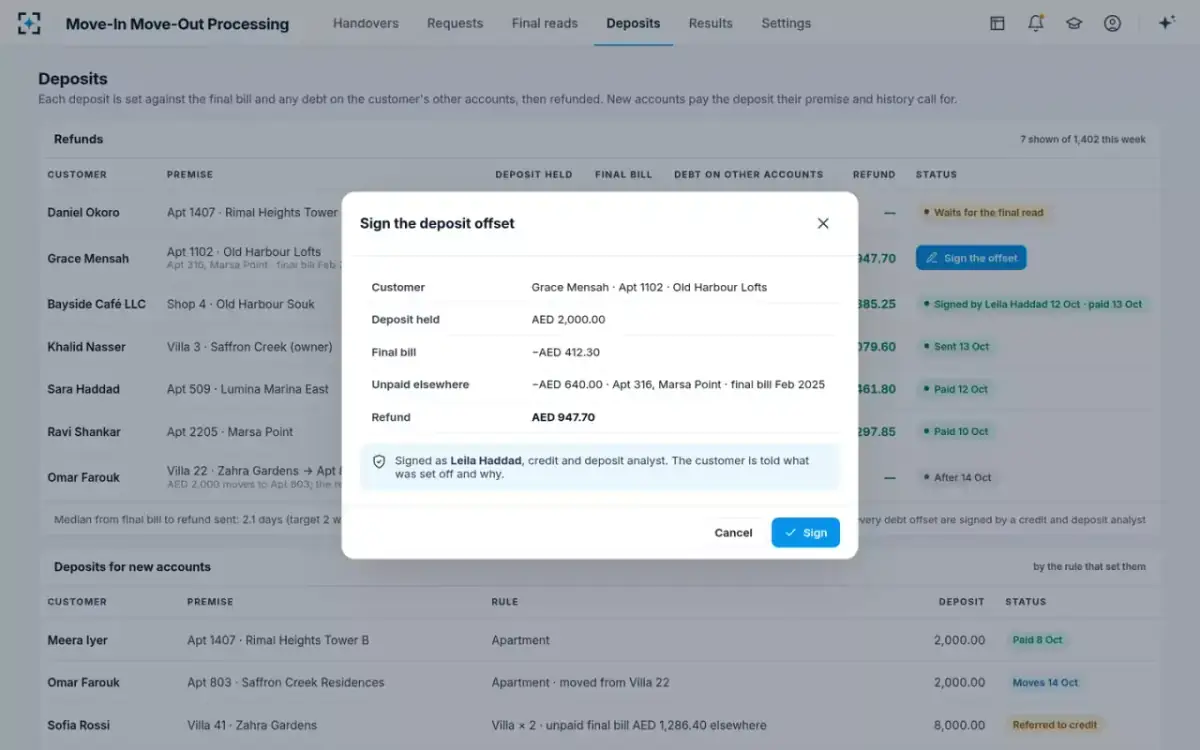 Move-In Move-Out Processing — Sign a deposit offset
