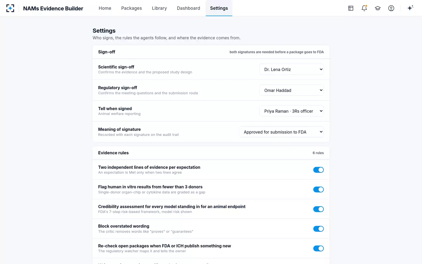 NAMs Evidence Package Builder — Settings