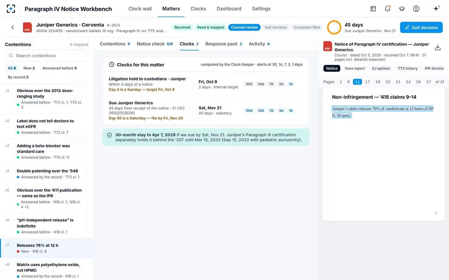 Paragraph IV and Biosimilar Notice Workbench — Clocks for a matter