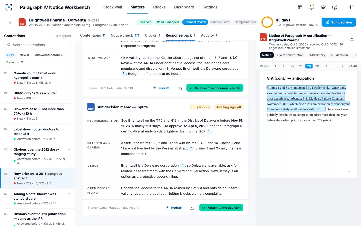 Paragraph IV and Biosimilar Notice Workbench — Decision memo inputs
