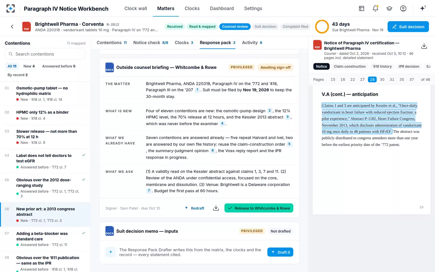 Paragraph IV and Biosimilar Notice Workbench — Response pack