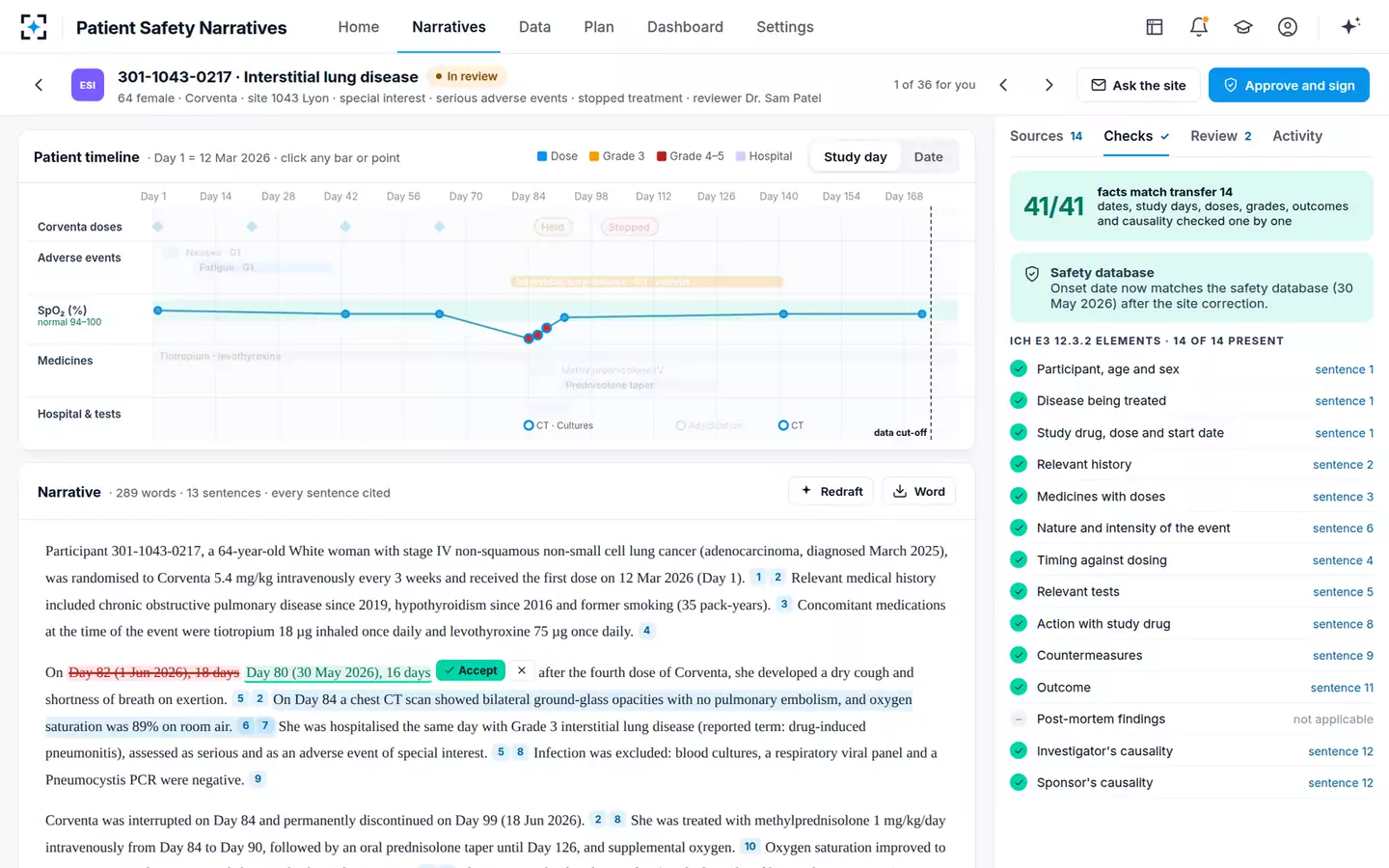 Patient Safety Narratives Writer — Fact and element checks