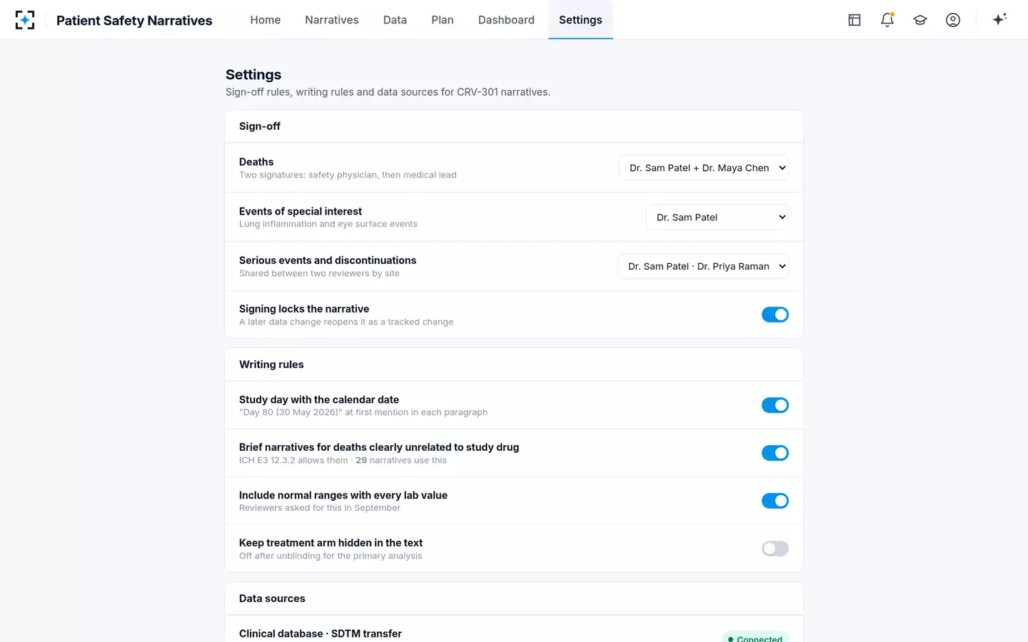 Patient Safety Narratives Writer — Sign-off and writing rules