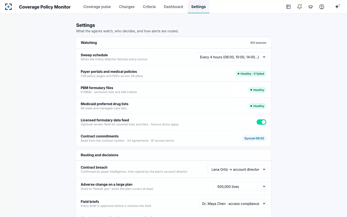 Payer Coverage Policy & PA Criteria Monitor — Your watch list and routing