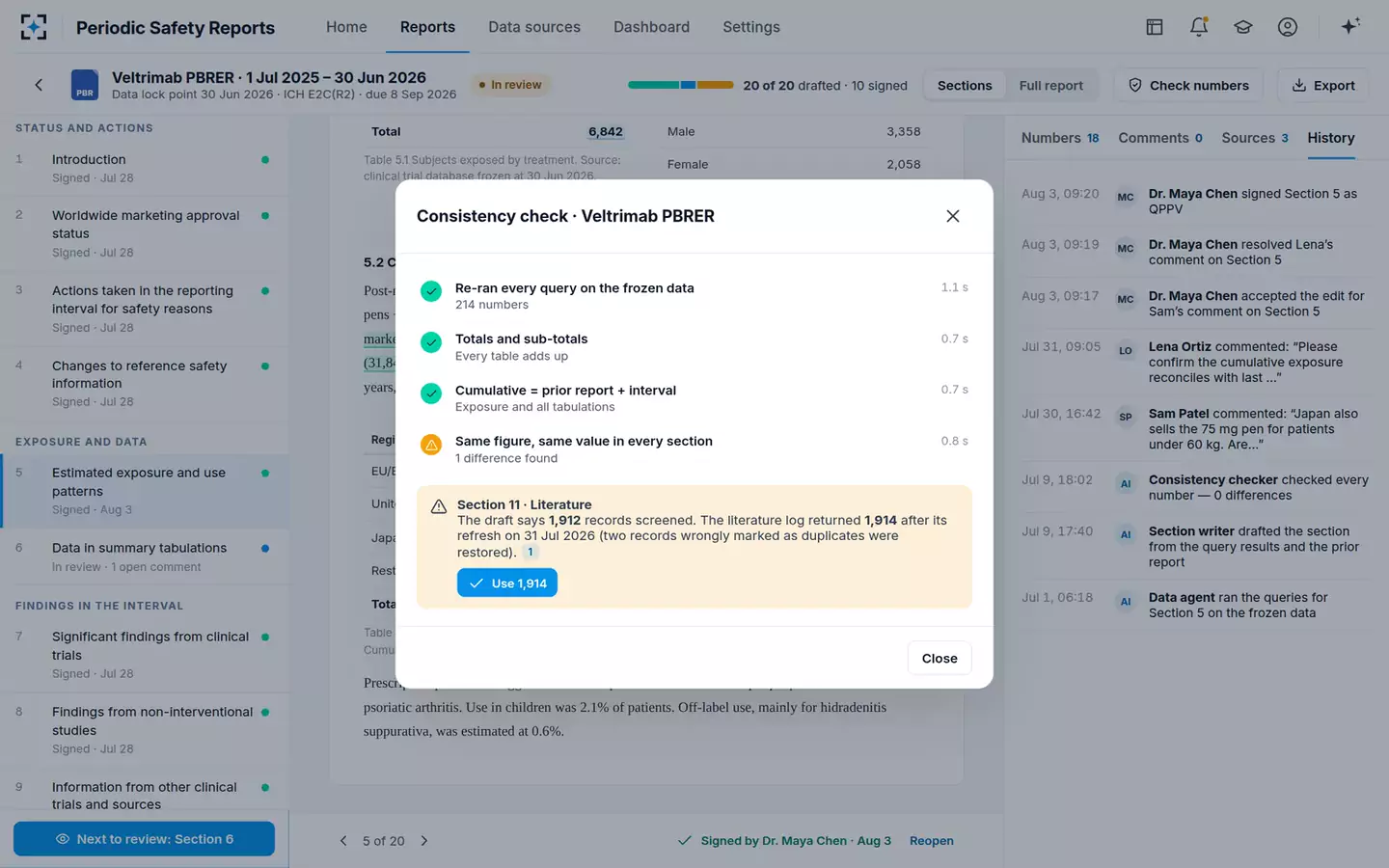 Periodic Safety Report Writer — Consistency check