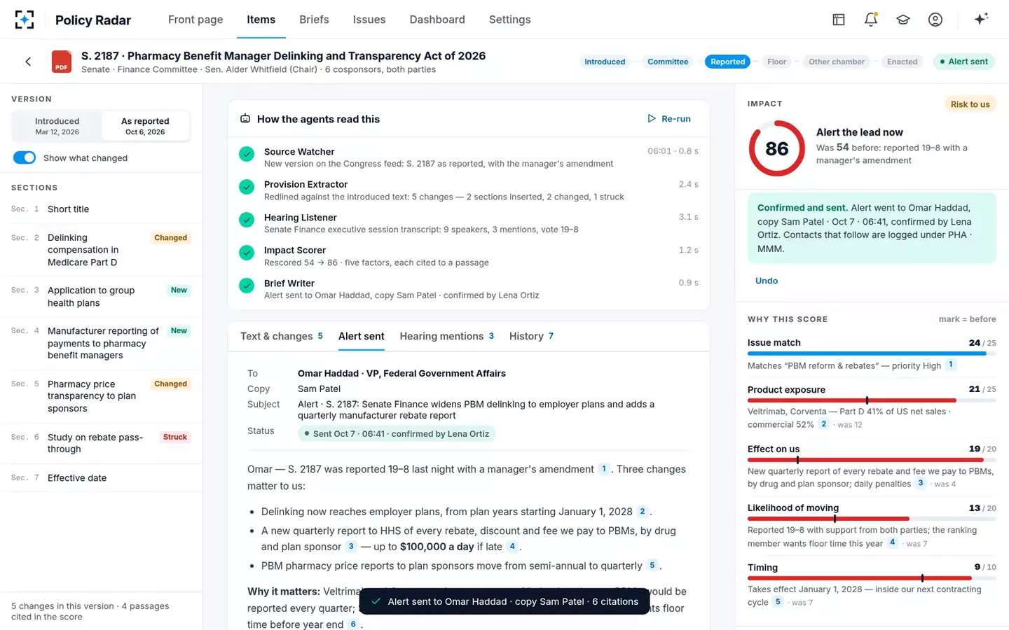 Policy and Legislation Radar — Confirmed and sent