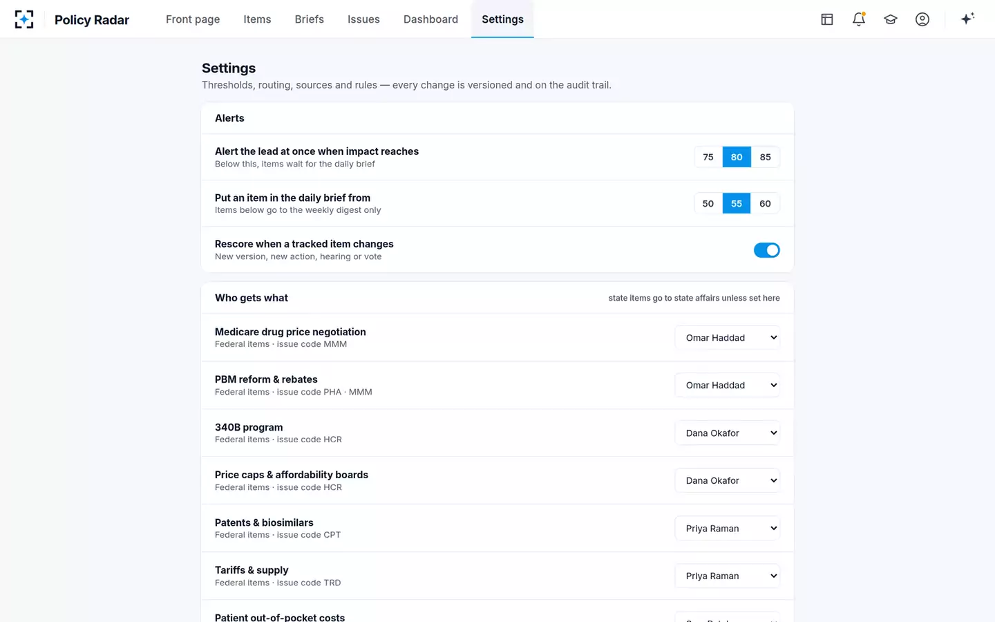 Policy and Legislation Radar — Settings