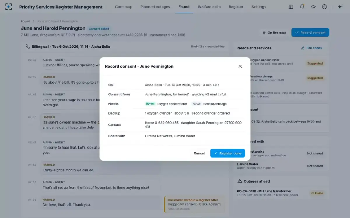 Priority Services Register Management — Record consent