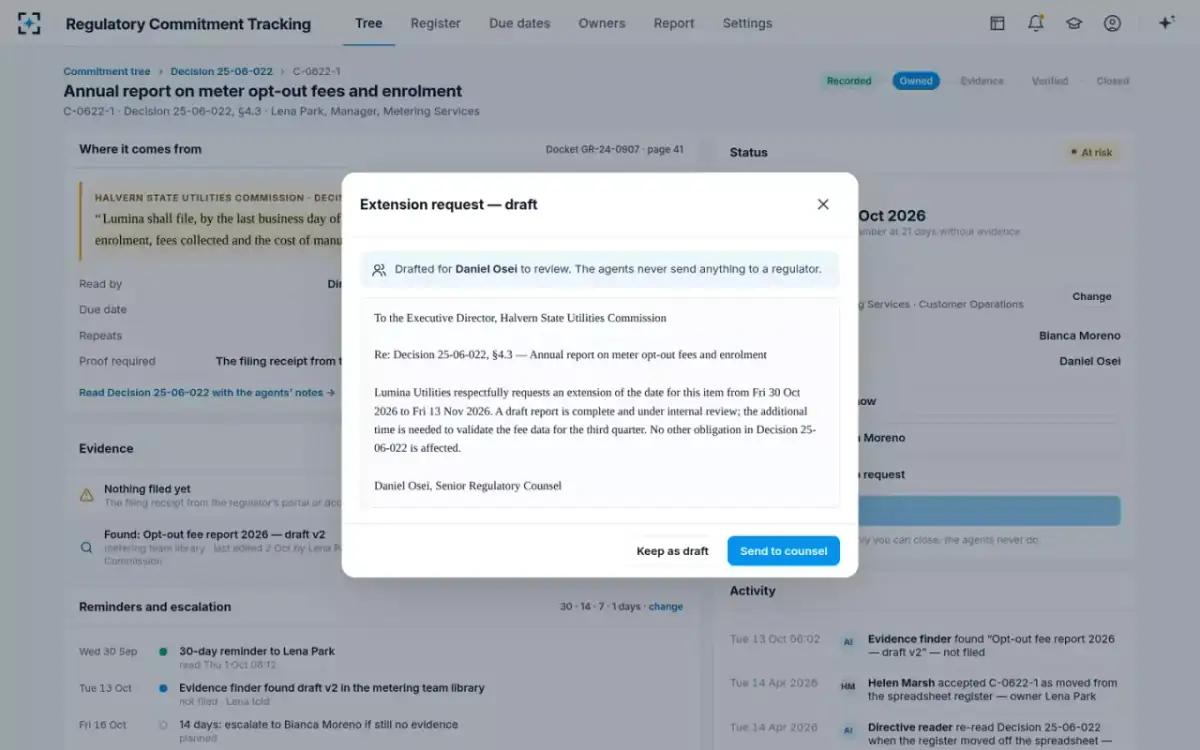 Regulatory Commitment Tracking — An extension request