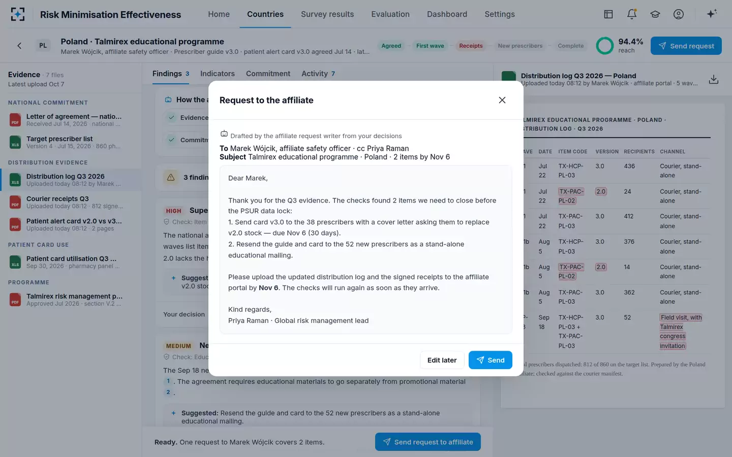 Risk Minimisation Effectiveness Analyzer — The request to the affiliate
