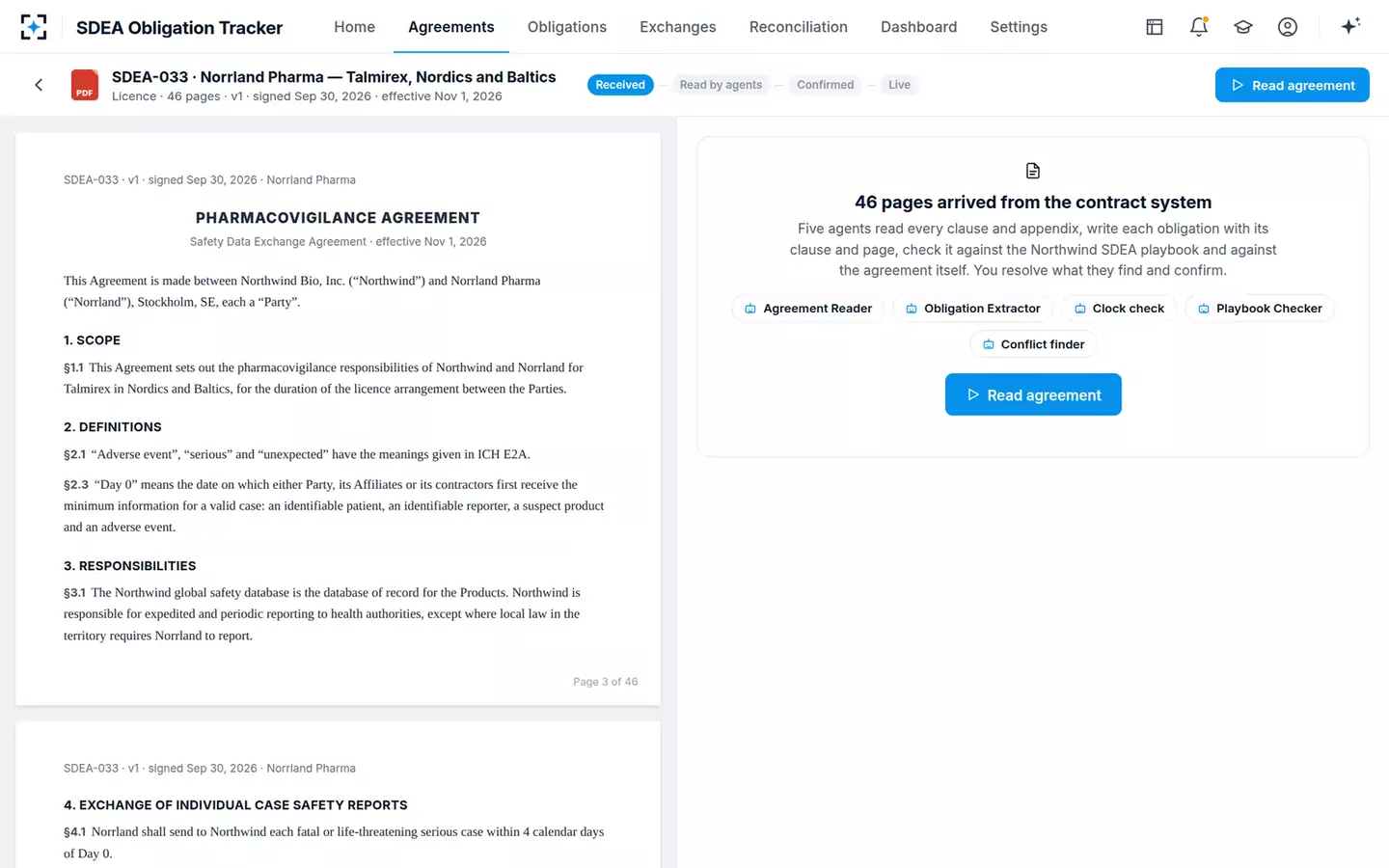 Safety Data Exchange Agreement Obligation Tracker — A new agreement