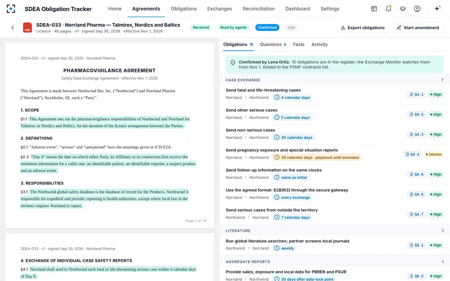Safety Data Exchange Agreement Obligation Tracker — Confirmed obligations