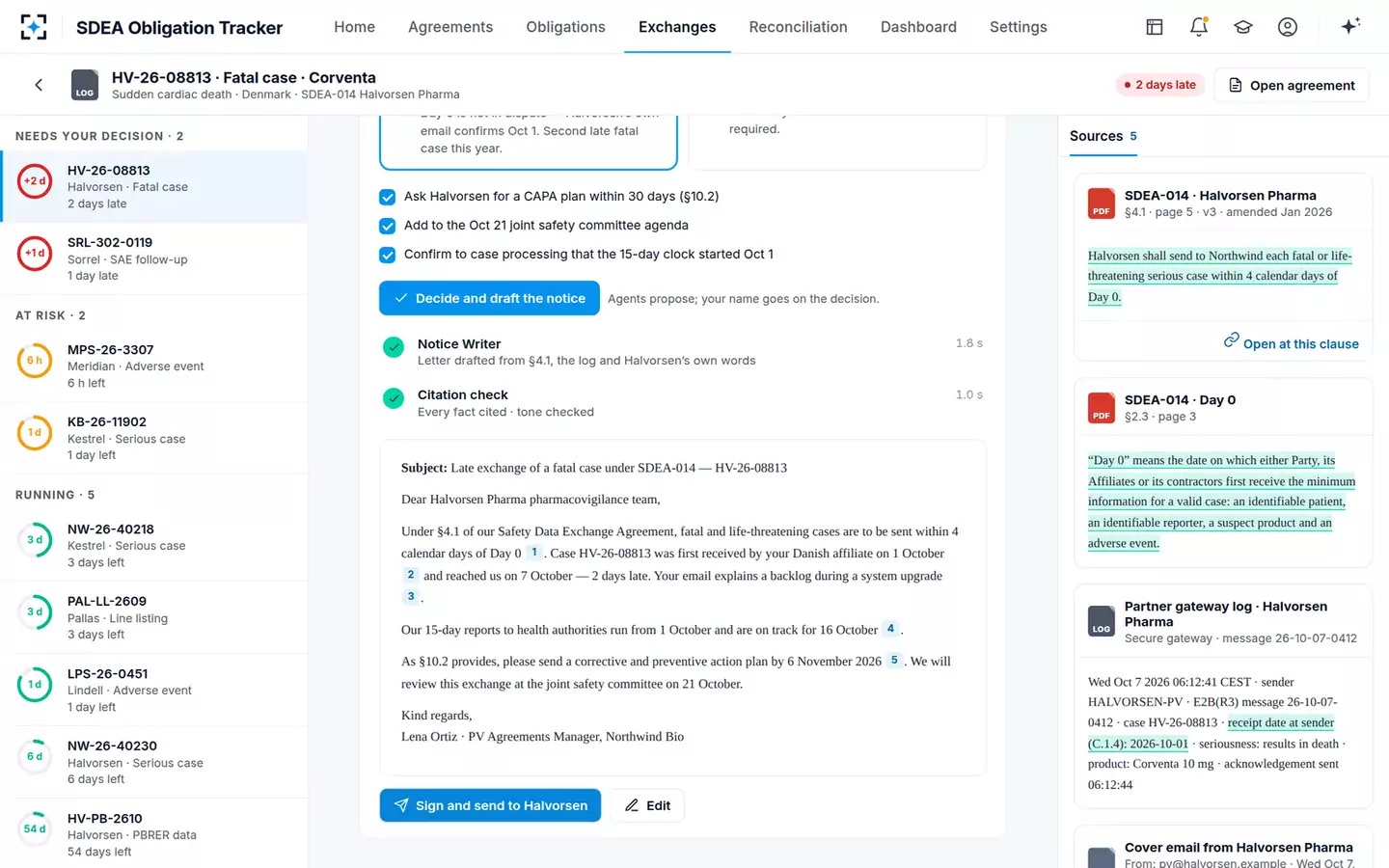 Safety Data Exchange Agreement Obligation Tracker — The partner notice