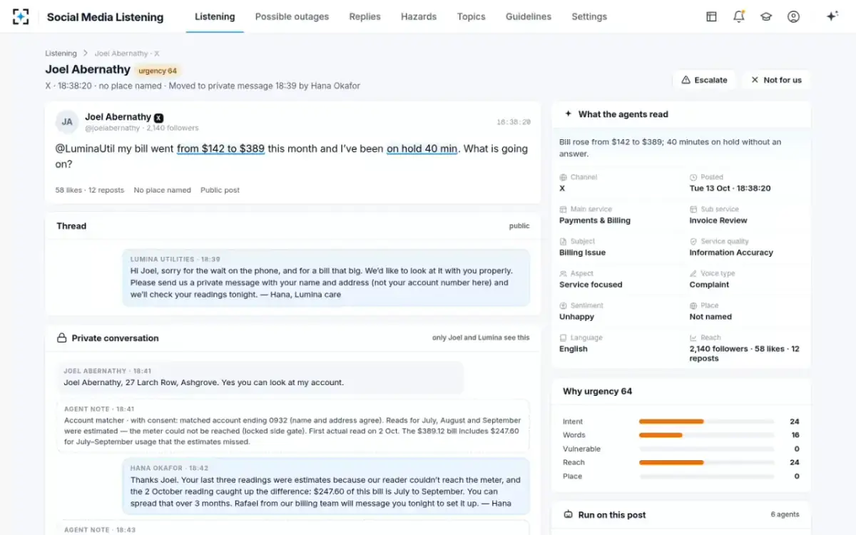 Social Media Listening — A billing complaint, in private