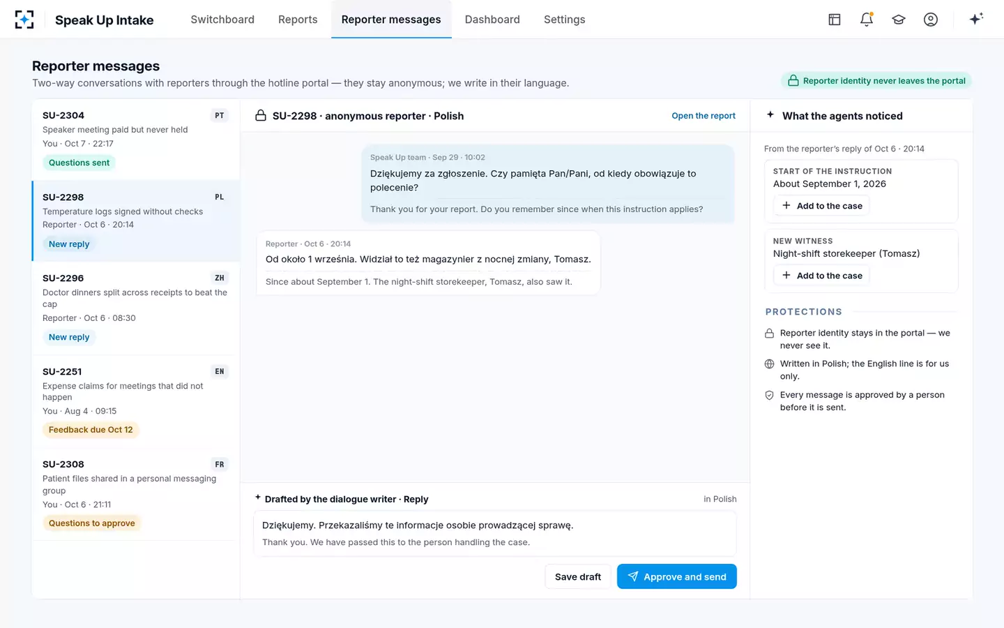 Speak Up Intake & Triage Agent — Reporter messages