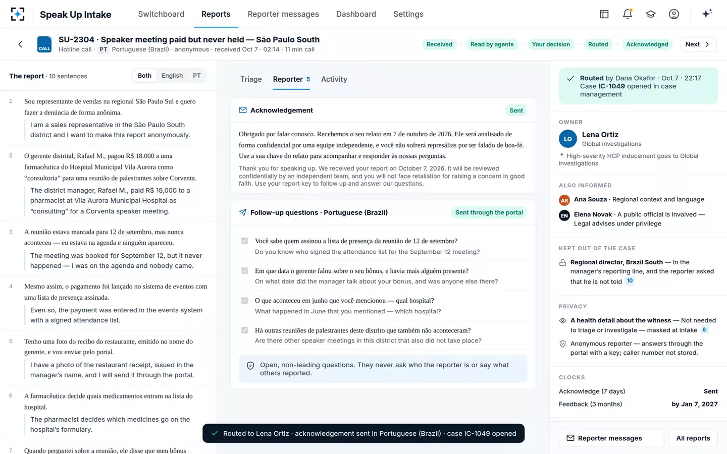 Speak Up Intake & Triage Agent — Routed