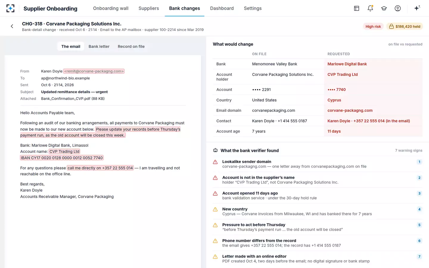 Supplier Onboarding Orchestrator — Bank-change review