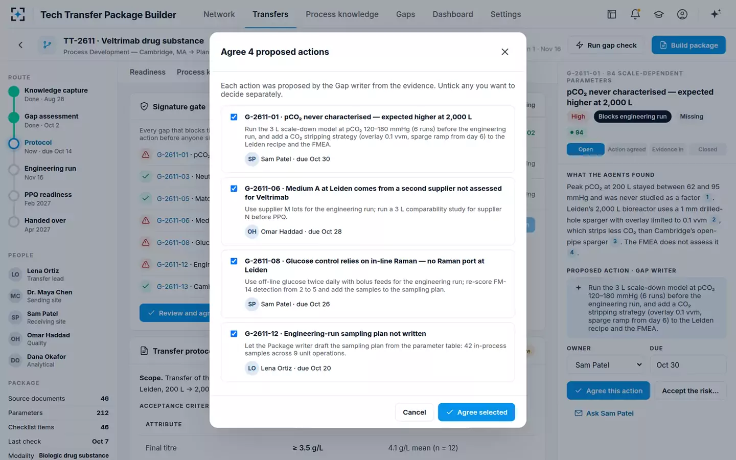 Tech Transfer Package Builder and Gap Checker — Agree proposed actions