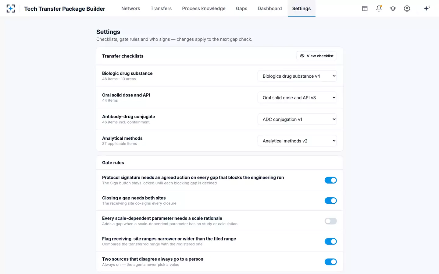 Tech Transfer Package Builder and Gap Checker — Settings