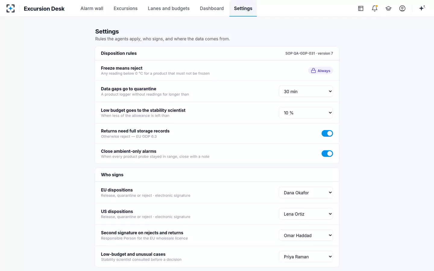 Temperature Excursion Disposition Assistant — Rules and signers