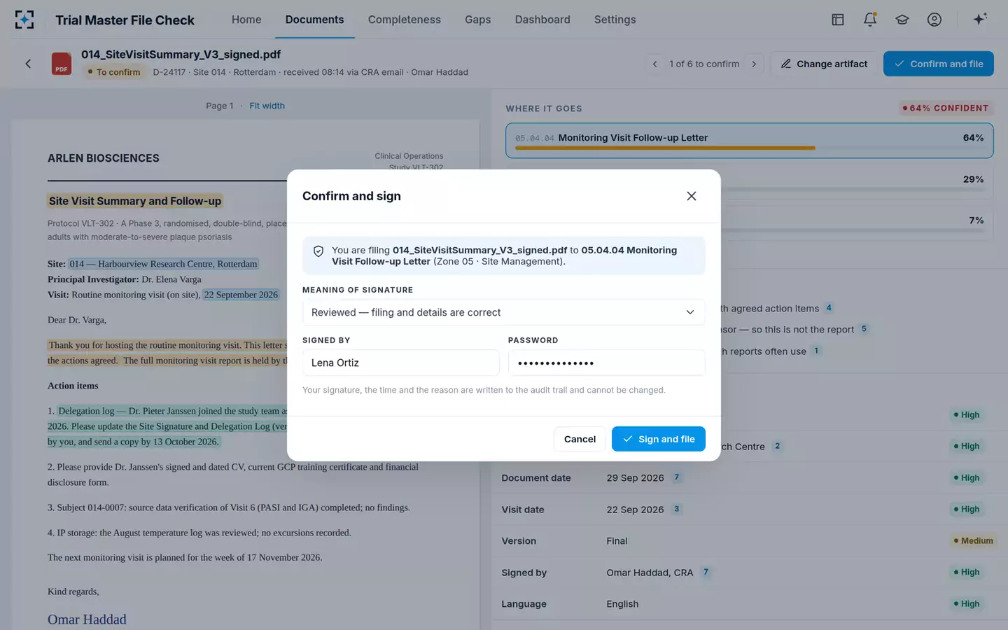 Trial Master File Check — Confirm and sign
