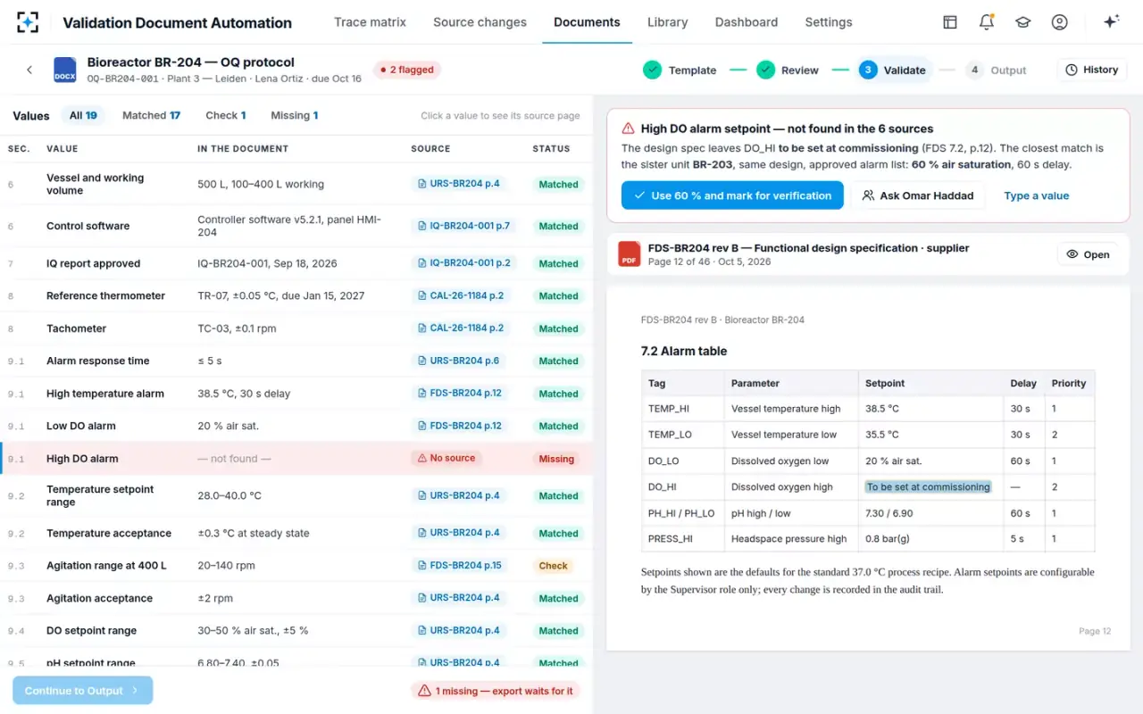 Validation Document Automation — Every value and its source