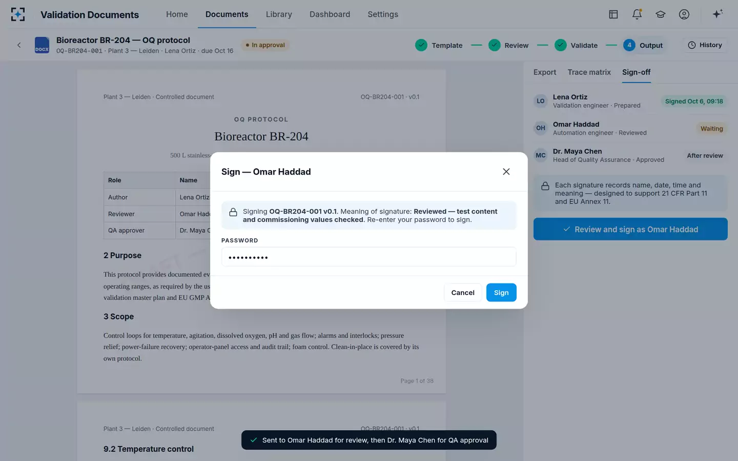Validation Document Generator — Review signature