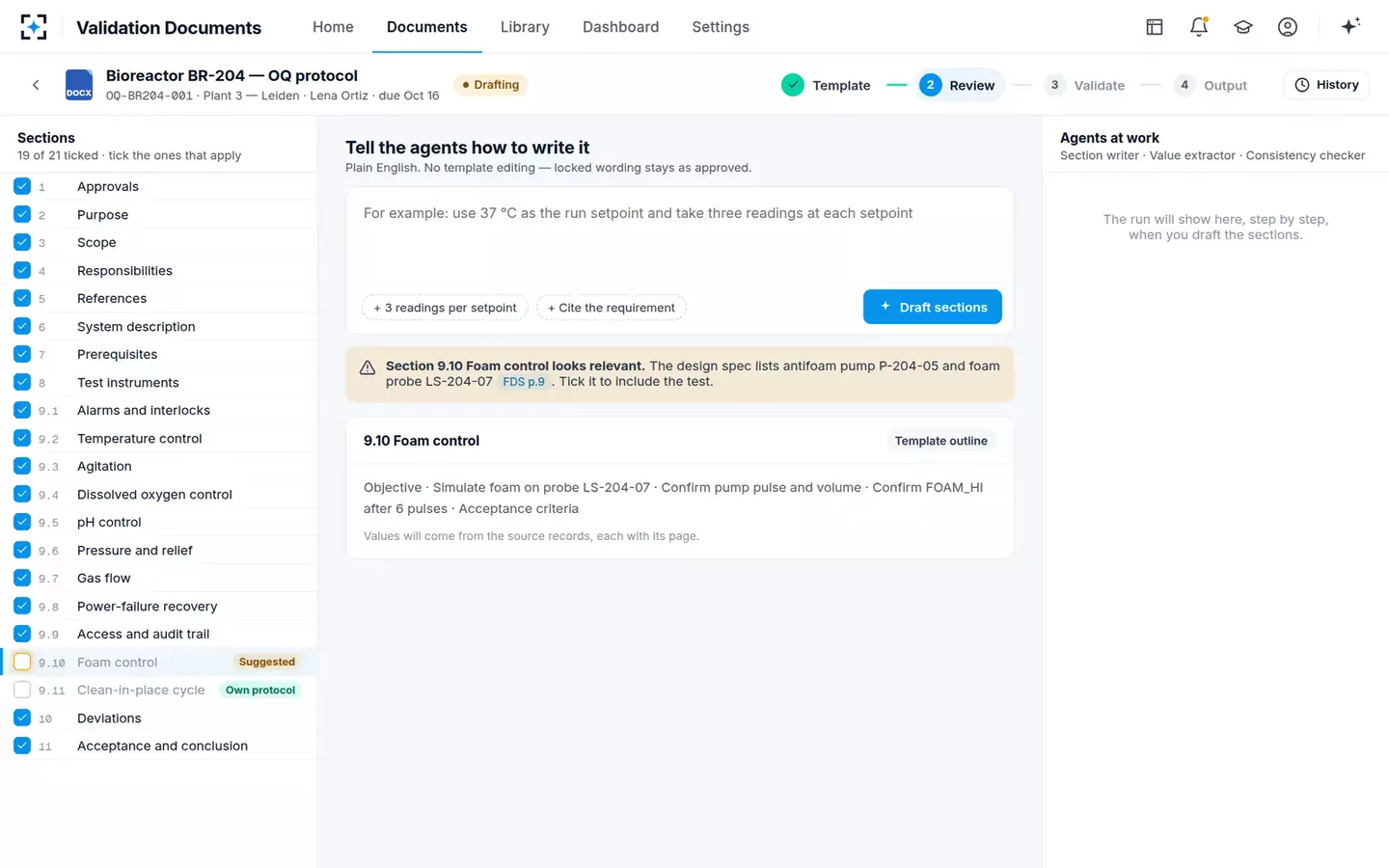 Validation Document Generator — Sections and instructions
