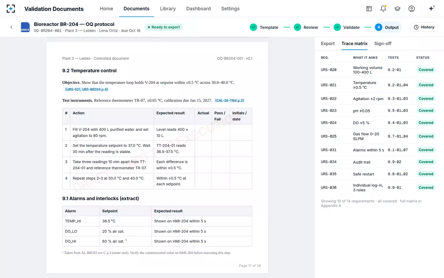 Validation Document Generator — Trace matrix