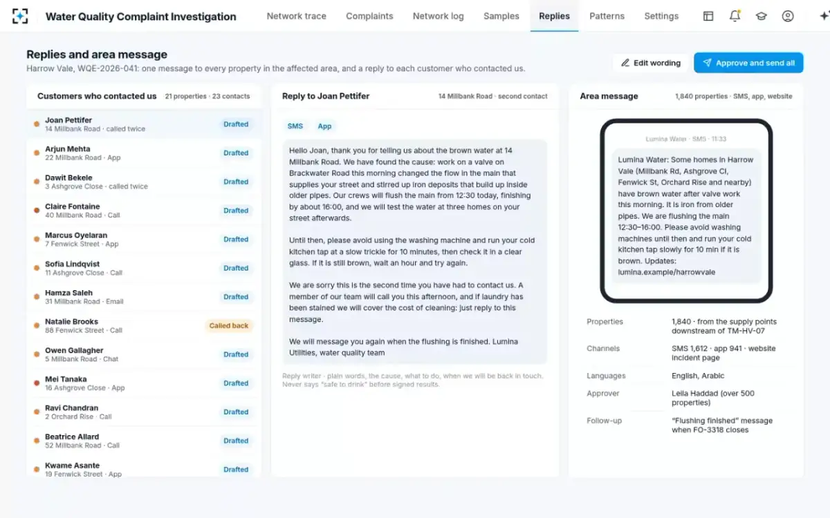 Water Quality Complaint Investigation — Replies and area message