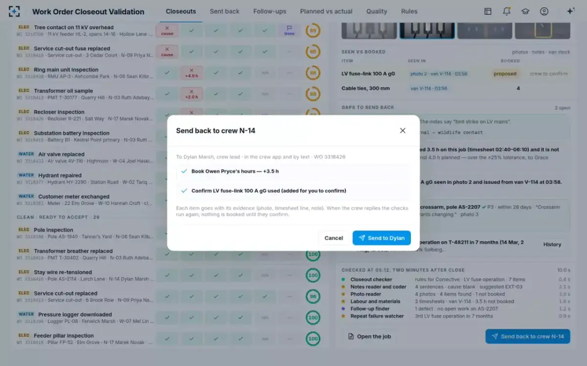 Work Order Closeout Validation — Send back to the crew